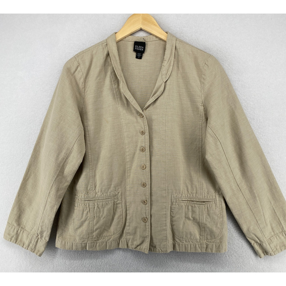 EILEEN FISHER Jacket M Cotton Canvas Suit Blazer Button Front Long Sleeve Beige